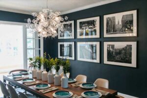 eclectic dining room with photos on wall