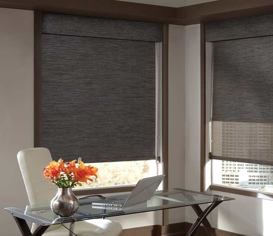 black dual roller shades in home office