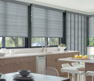 modern gray roller shades and sliding door blinds in Milwaukee kitchen