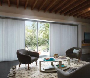 large glass sliding patio door leading to backyard seating area covered by vertical shade