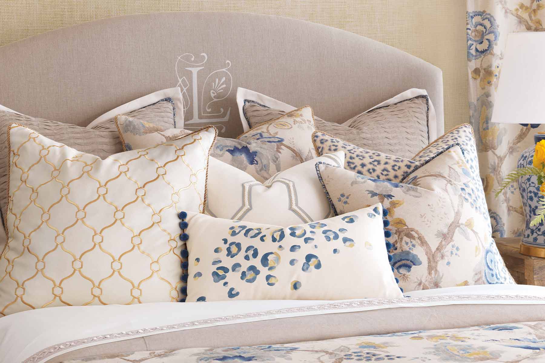 custom embroidered headboard in bedding