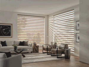 motorized roller shades adjusting into different scenes in living room of Milwaukee home
