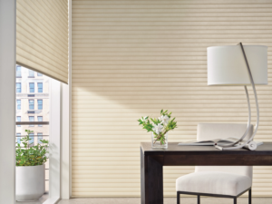 cellular roller shades in corner of Milwaukee home block sun and heat