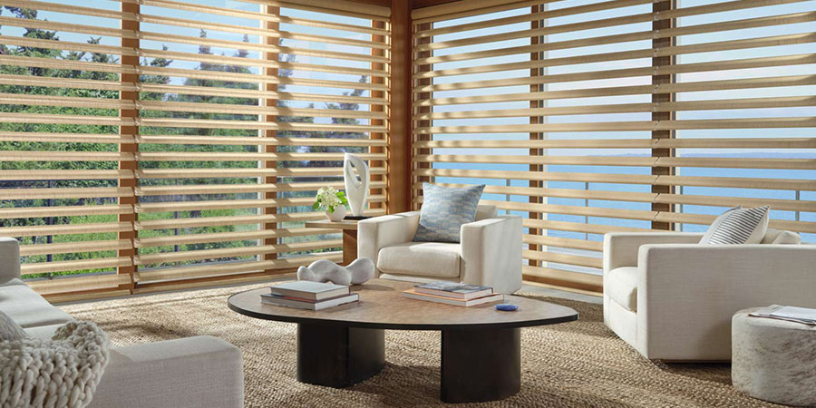 Pirouette® shades filtering natural light across large living room windows