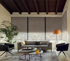 dual roller shades in modern living room space