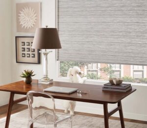 home office pet-safe woven shades overlooking exterior view