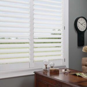 home-office-white-shutters-bazaar-home-decorating white shutters on window next to desk