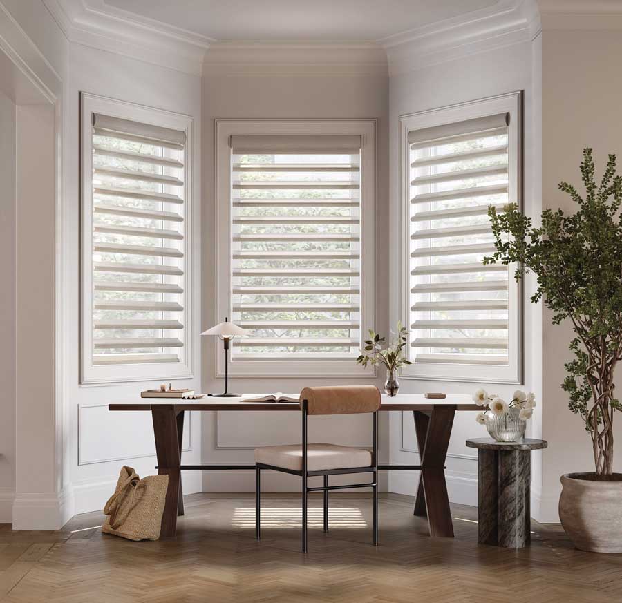 pirouette shades on bay windows in home office in Milwaukee