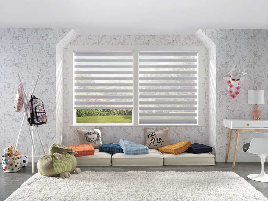 Designer banded shades in playroom in Milwaukee, WI home