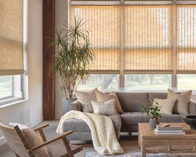 Living room with textured woven wood shades