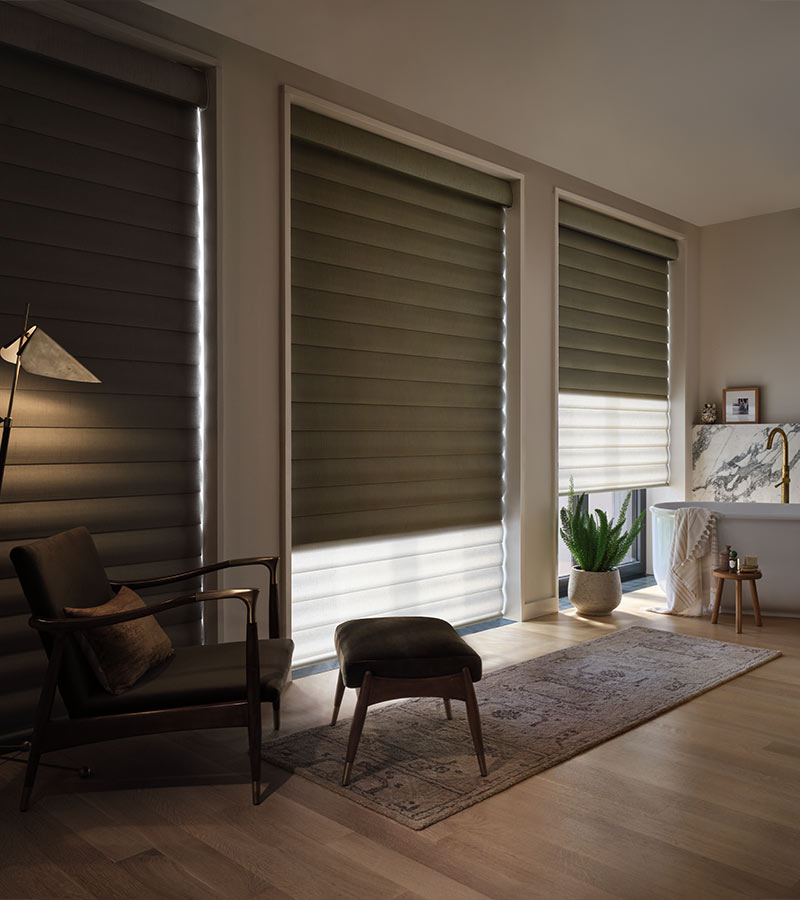 living room with green blackout shades milwaukee