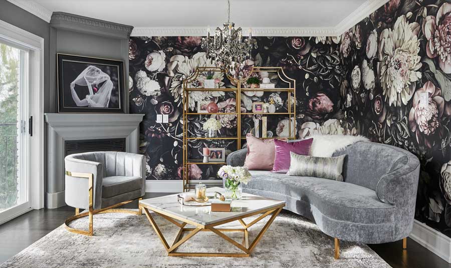 living room with large floral wallpaper