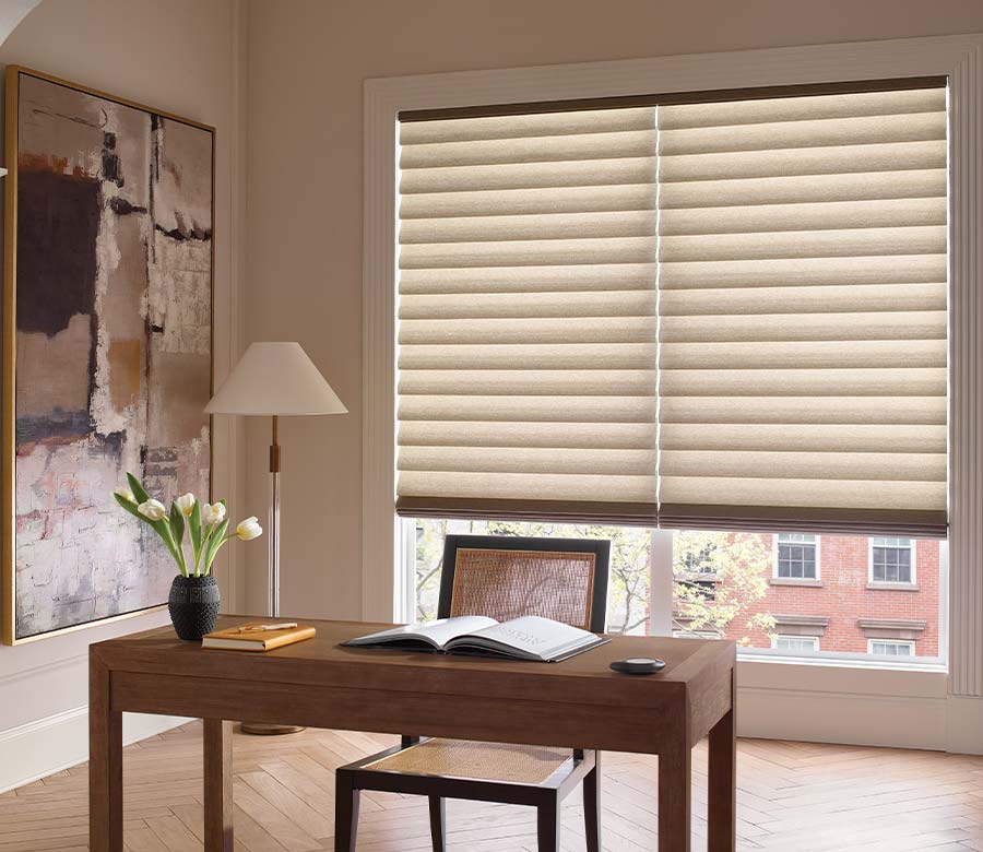 vignette-home-office-roman-shades-hunter-douglas-bazaar-home-decorating vignette roman shades in home office