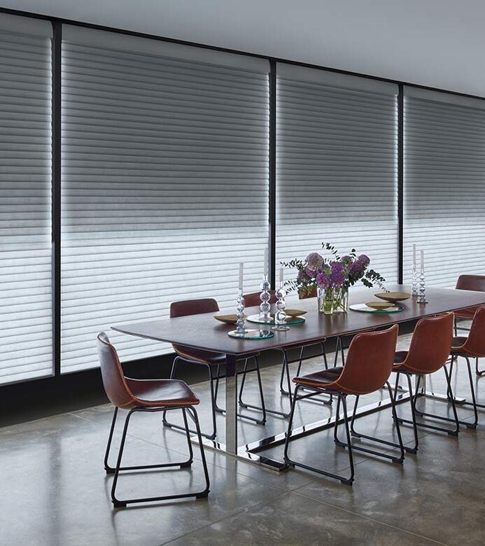 aura-illuminated-shades-dual-lighted-dining-room-shades-hunter-douglas-bazaar-home-decorating aura illuminated shades with dual shades and reflective backing for interior soft lighting
