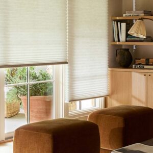 duette-honeycomb-shades-detail-living-room-brown-featured-product-hunter-doulas-bazaar-home-decorating Duette® Honeycomb Shades providing energy-efficient light control in a contemporary living room