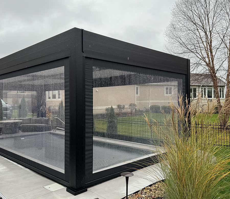 retractable vinyl screen shades on outdoor patio