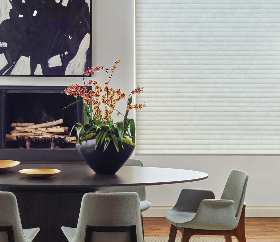 sonnette-cellular-roller-shades-dining-room-wide-window-light-filtering-gray-bazaar-home-decorating Modern dining room with a white cellular window shade
