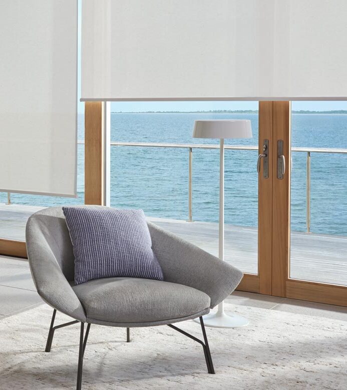 white screen shades for energy efficiency in living room