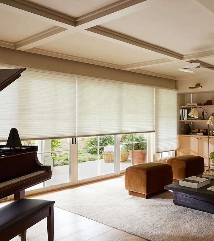 duette-honeycomb-shades-for-glass-doors-bazaar-home-decorating piano room with white honeycomb shades by hunter douglas