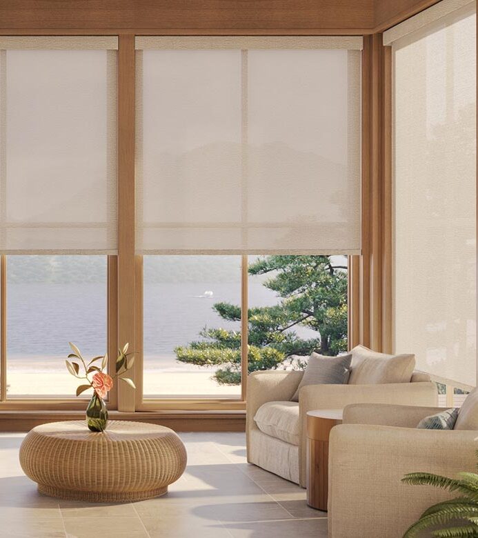 living room with light filtering screens in cream