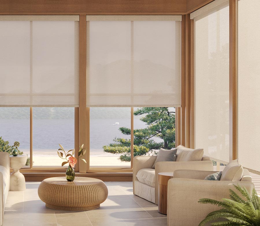 living room with light filtering screens in cream