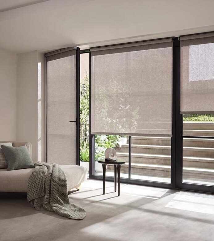 screen shade on glass doors in bedroom