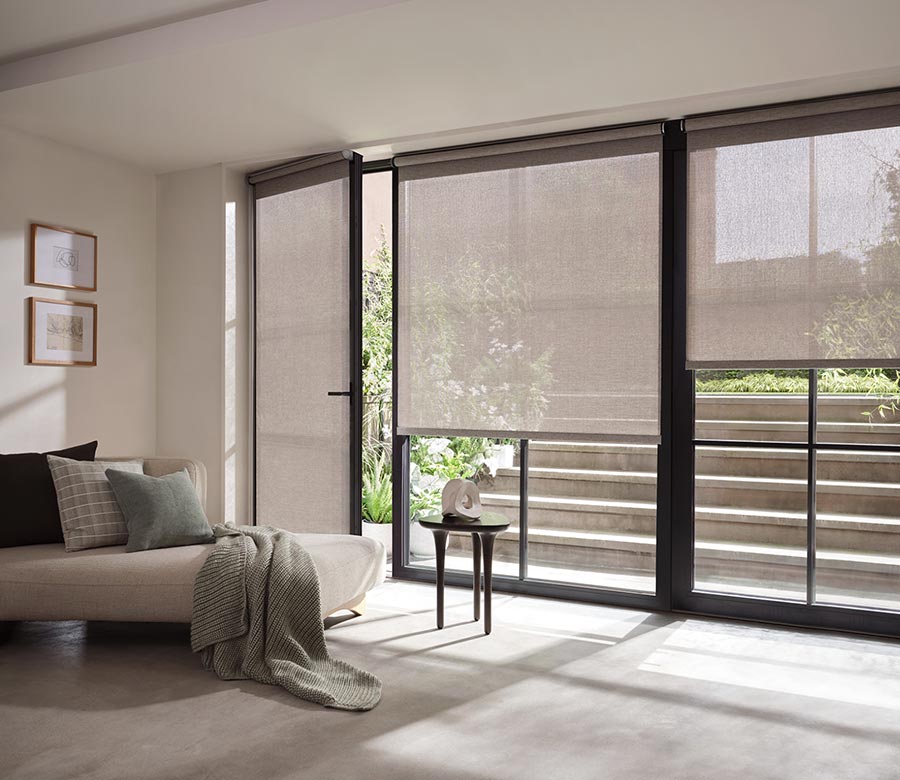 screen shade on glass doors in bedroom